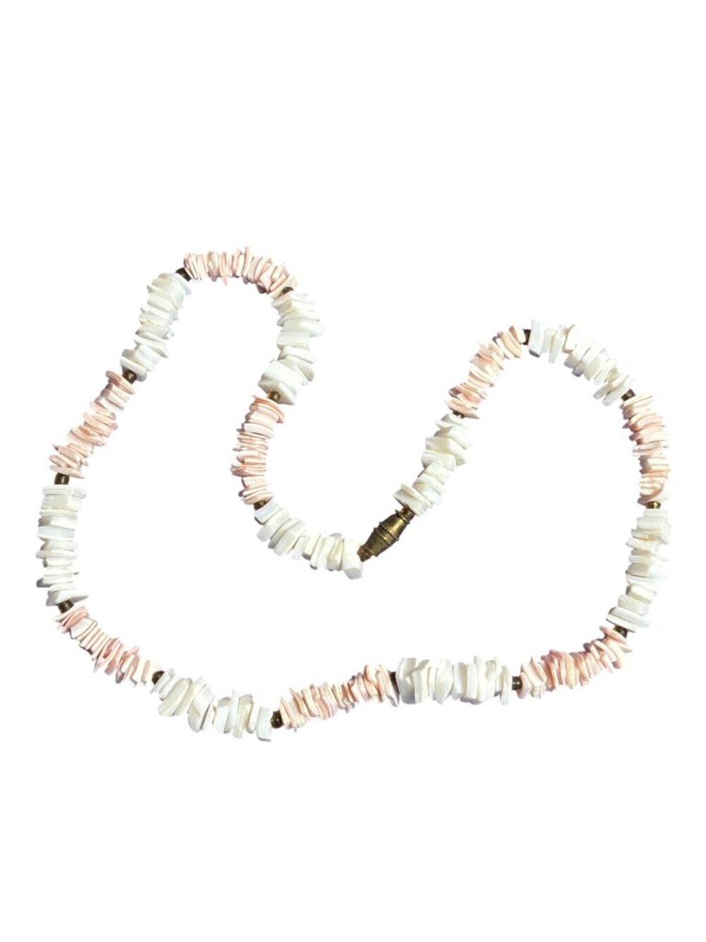 Artisan White and Pink Shell Beaded Necklace Goldtone Spacer Beads Barrel Clasp